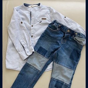 Casual light blue button up shirt & Jeans with cute patches